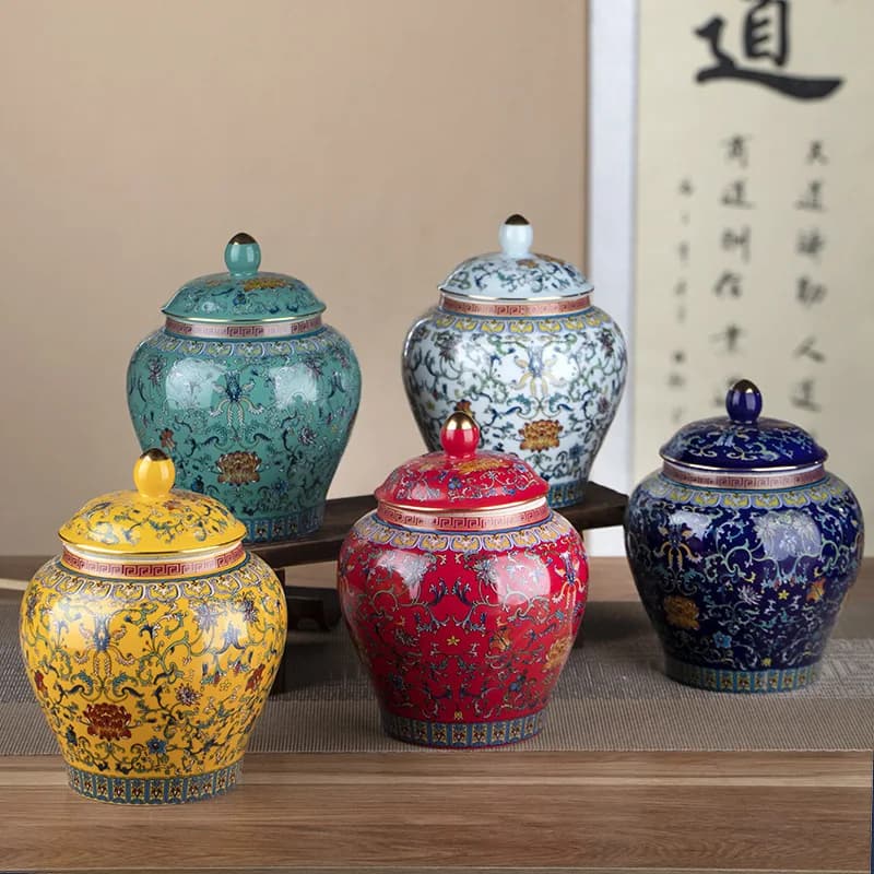 Enamel-colored Standard Ceramic Storage Jar with Lid Large-Capacity Airtigh Container Living Room Decor Antique Vase Home Decor