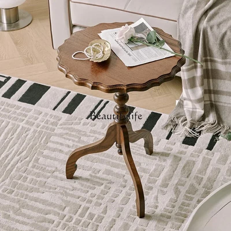 yj58 French retro solid wood small round table small apartment living room sofa small tea table movable