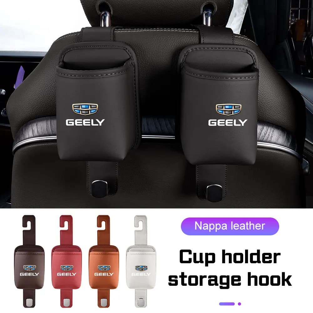 Leather Car Backrest Hanger Storage Bin with Hook For Geely Galaxy L7 L6 Boyue Borui Coolray Emgrand GE Storage Box Drink Rack