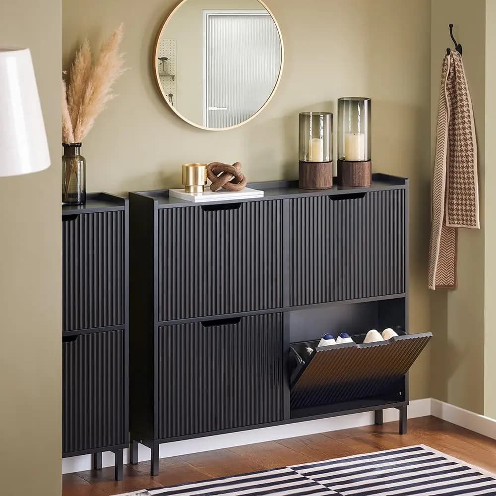 Fluted Shoe Cabinet 4 Drawers, Narrow Shoe Storage Organizer for Entryway Black, Thin Free Standing Shoe Rack Porch, Customized