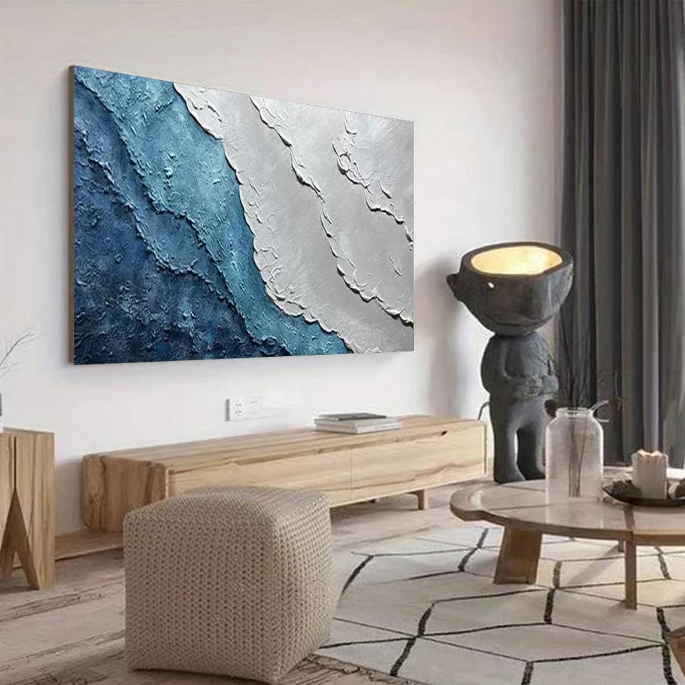 100% Handmade Abstract Oil Painting Blue And Orange Red Rendered Sea View Wall Art Picture For Home Living Room Decor Image Gift