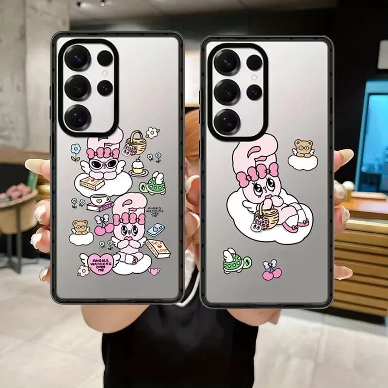 Cloud Angel Rabbit Acrylic Black Border Case for Samsung Galaxy S26 S25 S24 S23 Ultra S26U S24+ S25+ S26 Plus Protective Case