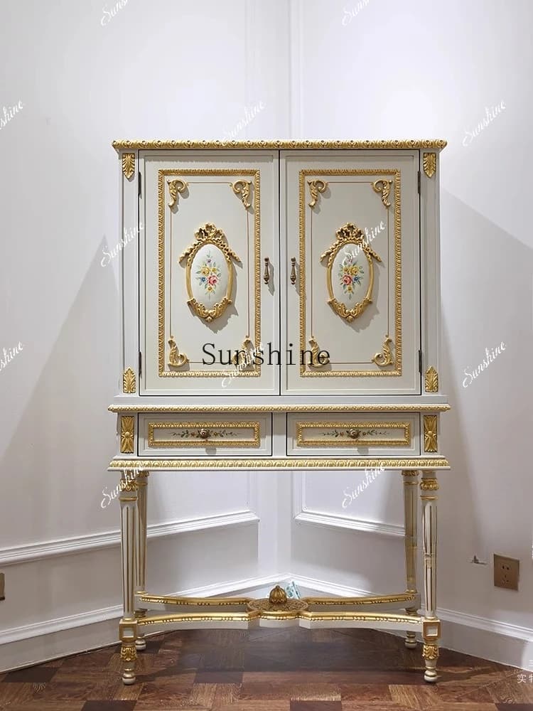 European gold hand-painted wine cabinet locker solid wood carving flower high-end light luxury display cabinet  FT