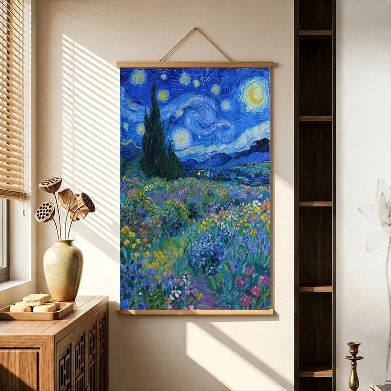 Room Decor Starry Blue Gardens with Colorful Flowers, Dreamy Botanical Pearlescent Canvas Hanging Scroll for Aesthetic Bedroom