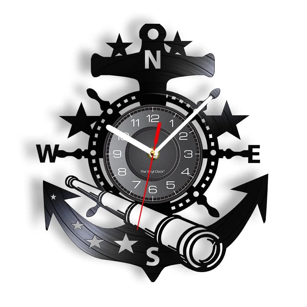 Sailing Boat Wall Art Yacht Design Home Deor Wall Clock Vintage Ship Vinyl Record Wall Clock Marina Scene Telescope Wall Watch