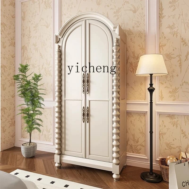 American cream style all solid wood wardrobe household small apartment bedroom wardrobe