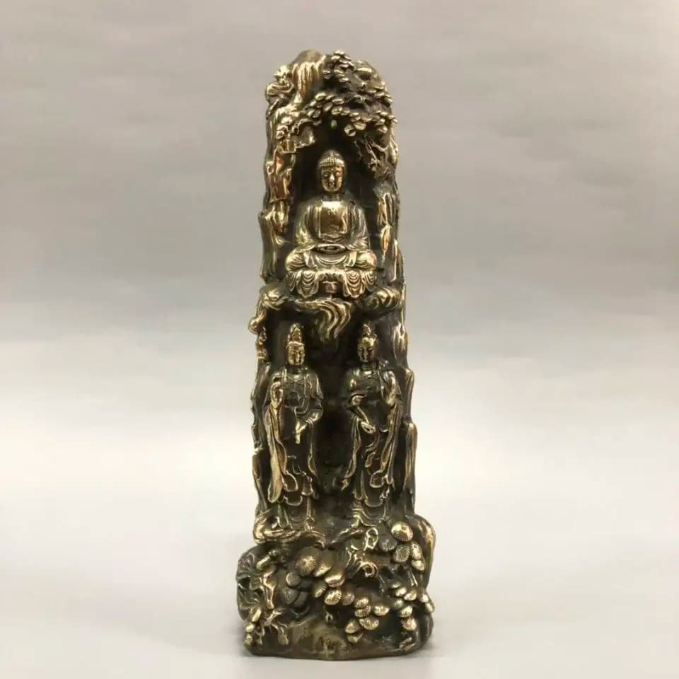 Antique Bronze Three Faced Buddha Western Three Saints Avalokitesvara Mahasthamaprapta Bodhisattva Shakyamuni Buddha Ornaments