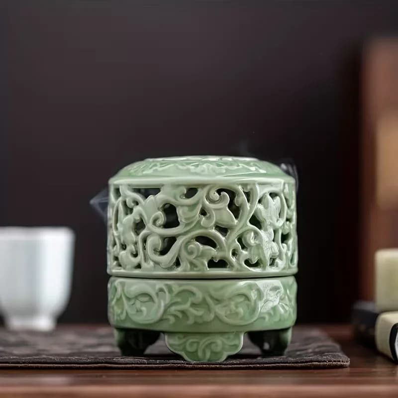 Celadon Ceramic Tripod Incense Burner Hollow‑Carved Chinese Retro Zen Censer for Coil Incense Home Teahouse Decor Ornament