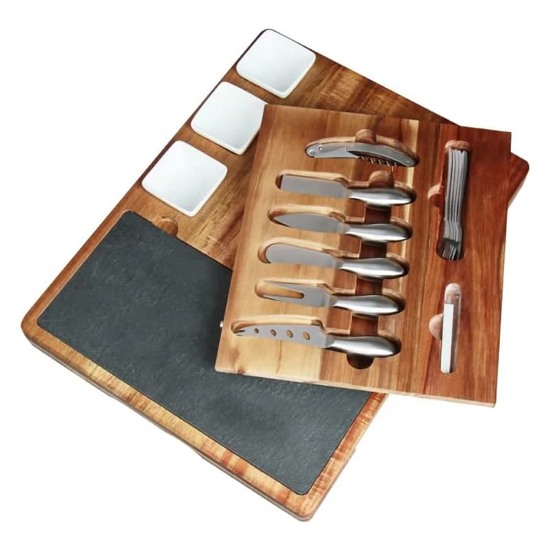 Home Decor Oval Slate Wooden Cutting Board Cheese Tray with Knife Stainless Steel and Bowl Cover