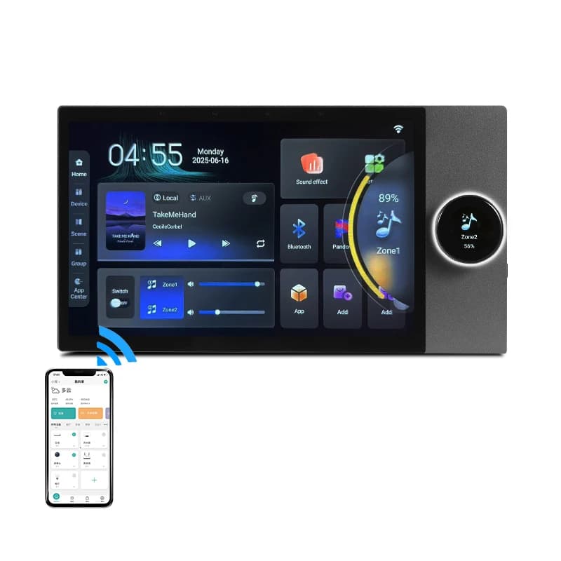 Smart home background music Host 7-inch 8*30W wall amplifier with Tuya wifi Android Intelligence touch screen control panel