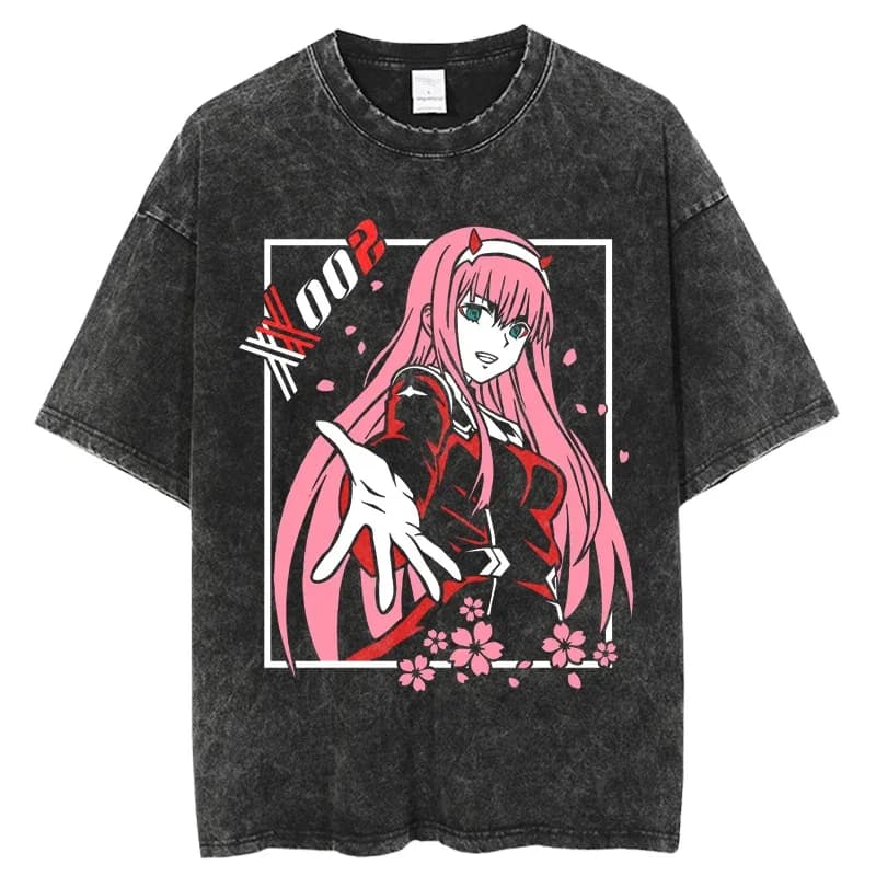 Darling in the FranXX TShirts Men Washed Tshirt Japanese Anime Print T-Shirt Women Vintage Casual Short Sleeve Streetwear