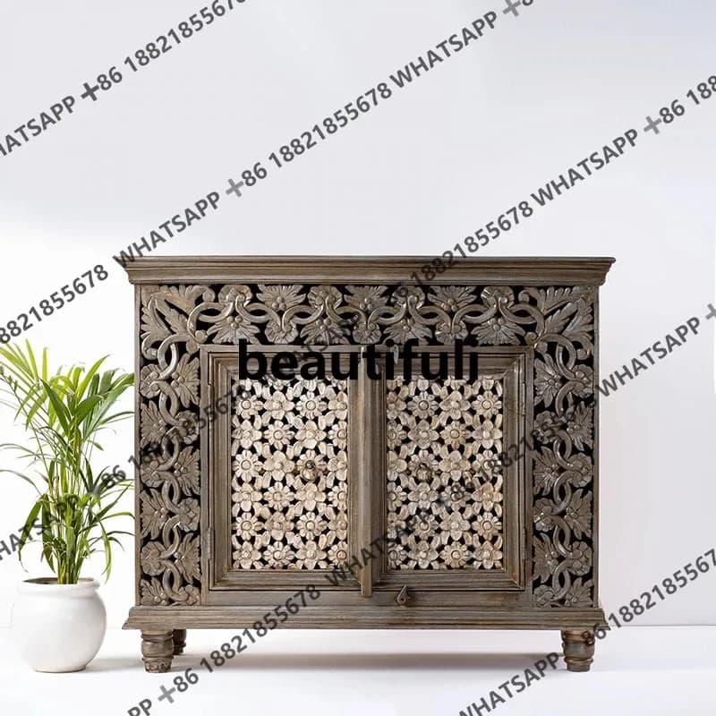 French vintage flower carved sideboard solid wood entrance cabinet living room decoration H