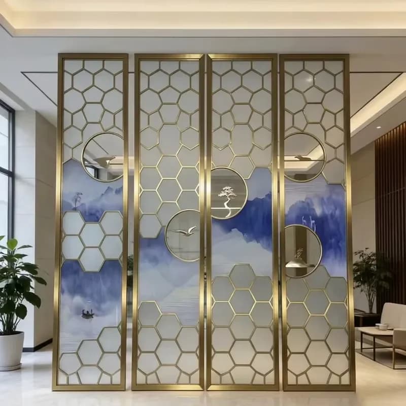 Chinese Japanese Style Stainless Steel Glass Screen Partition Room Divider, Cut Art Panel, Gold PVD Finish, Custom Made