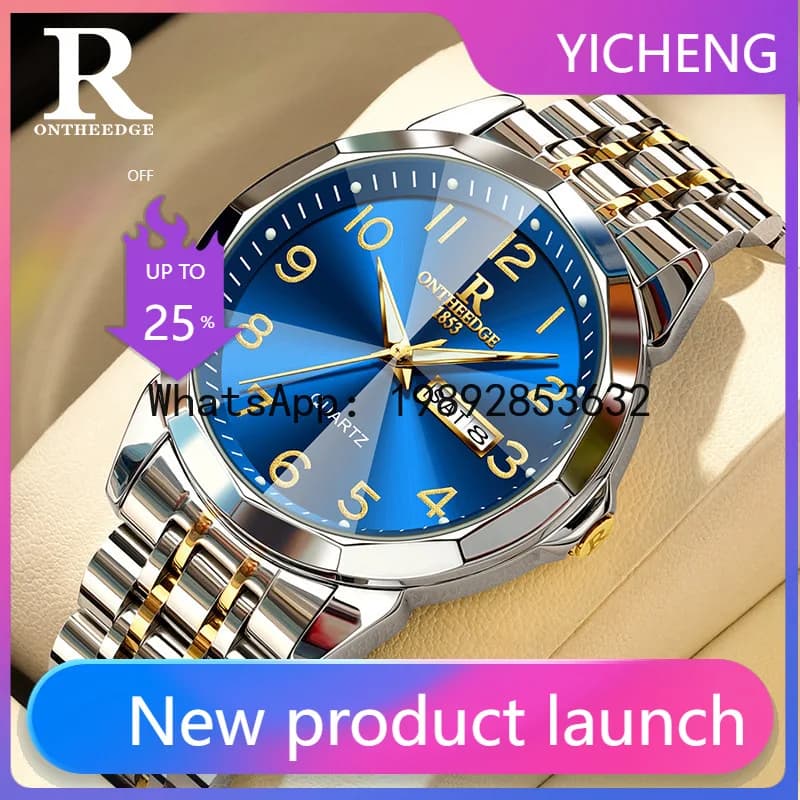LYY Middle-aged and Elderly Men's Dual Calendar Diamond-shaped Glass Watch with Luminous Numbers, Large Dial, Waterproof