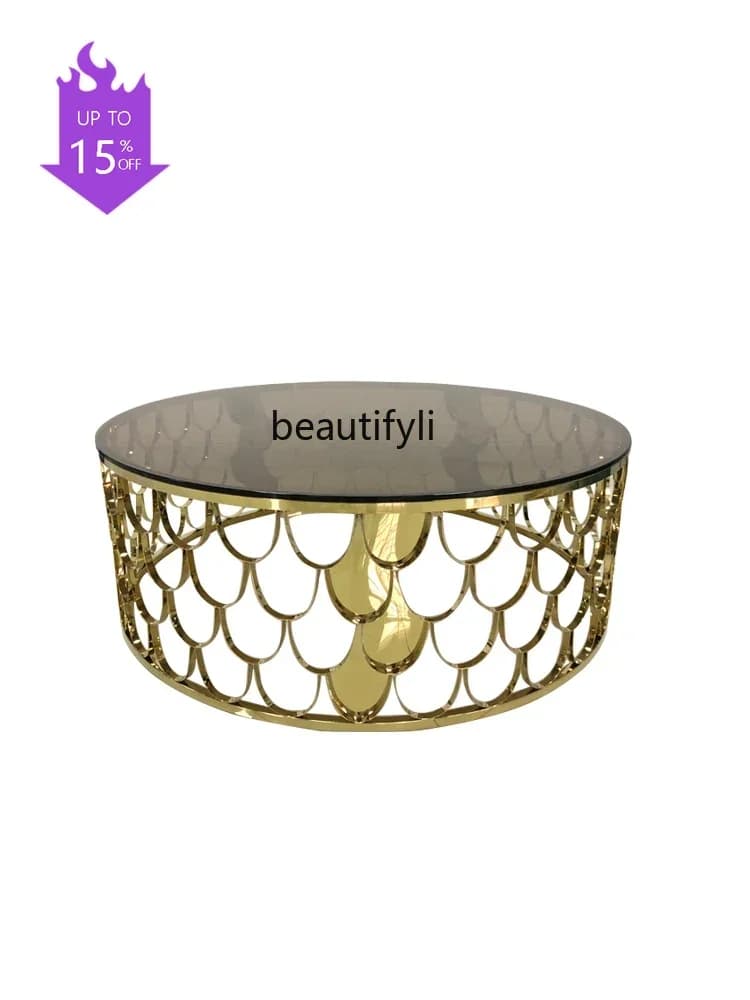 Light luxury natural marble round fish scale coffee table living room brushed brass coffee table rock slab6239