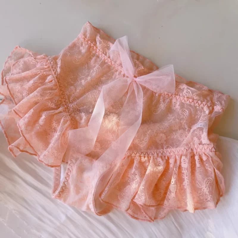 Couple Sexy Lolita Lace Mesh Underwear Bow Sweet Medium High Waist Panties Sissy Ruffles Comfortable BF Private Party Briefs