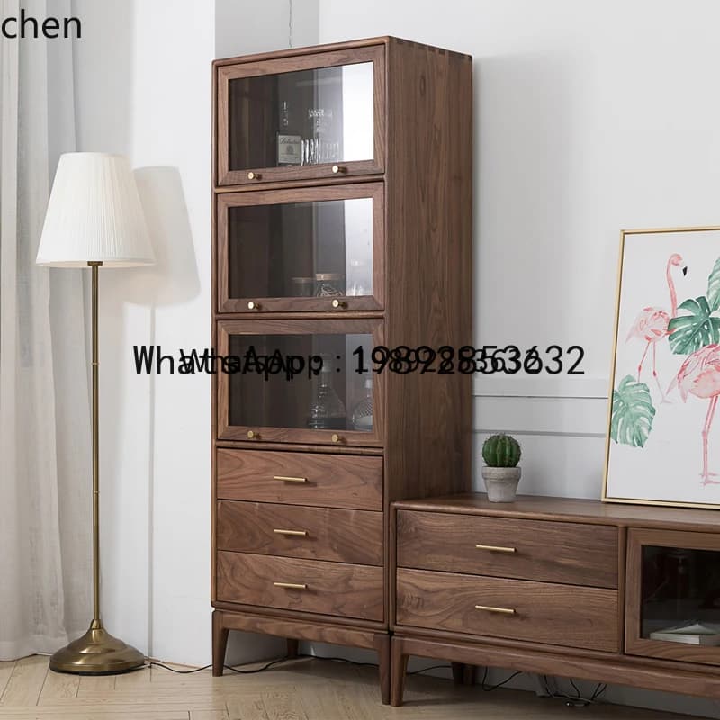 X5  black walnut flap door all solid wood rack wine cabinet walnut glass display cabinet