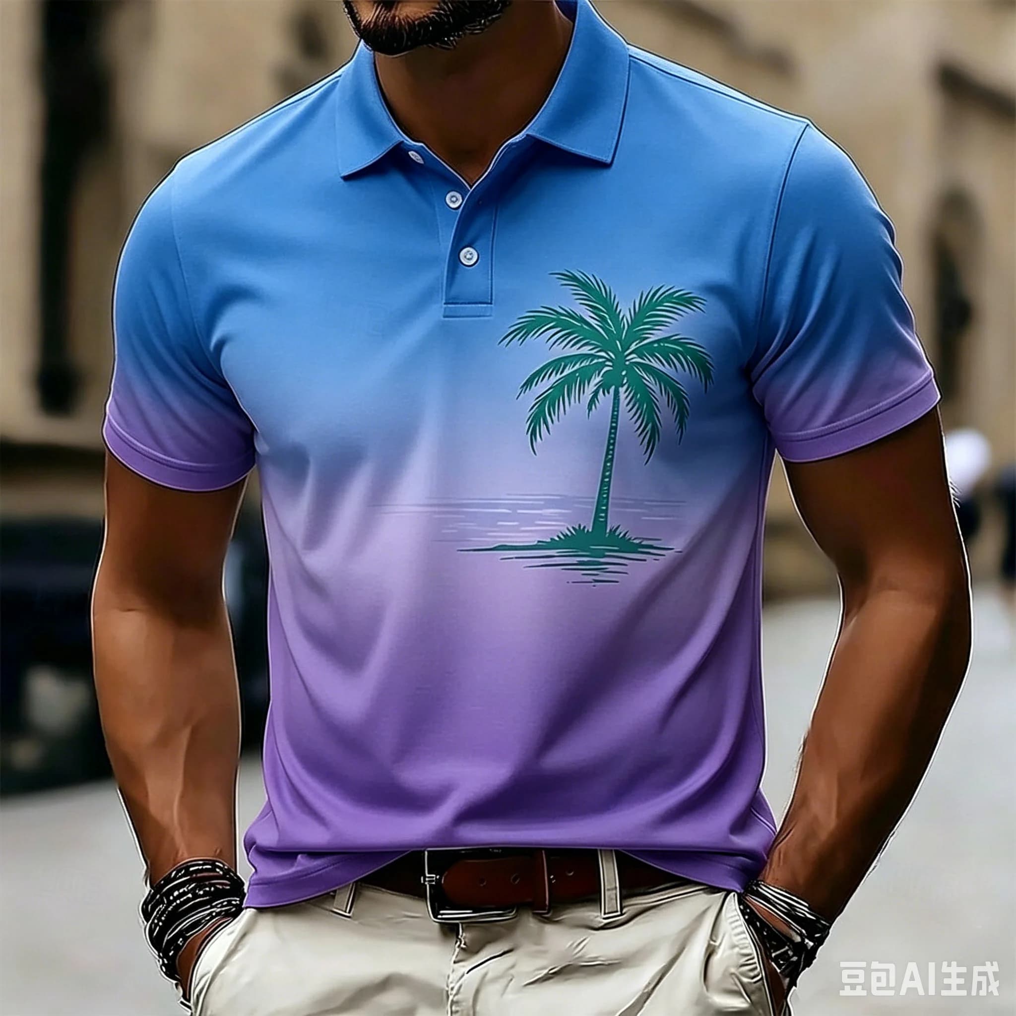 Men Ombre Palm Tree Hawaiian Polo Shirts Short Sleeve Polo Shirts Casual Athleisure Vacation Wear Buttons Breathable male shirts