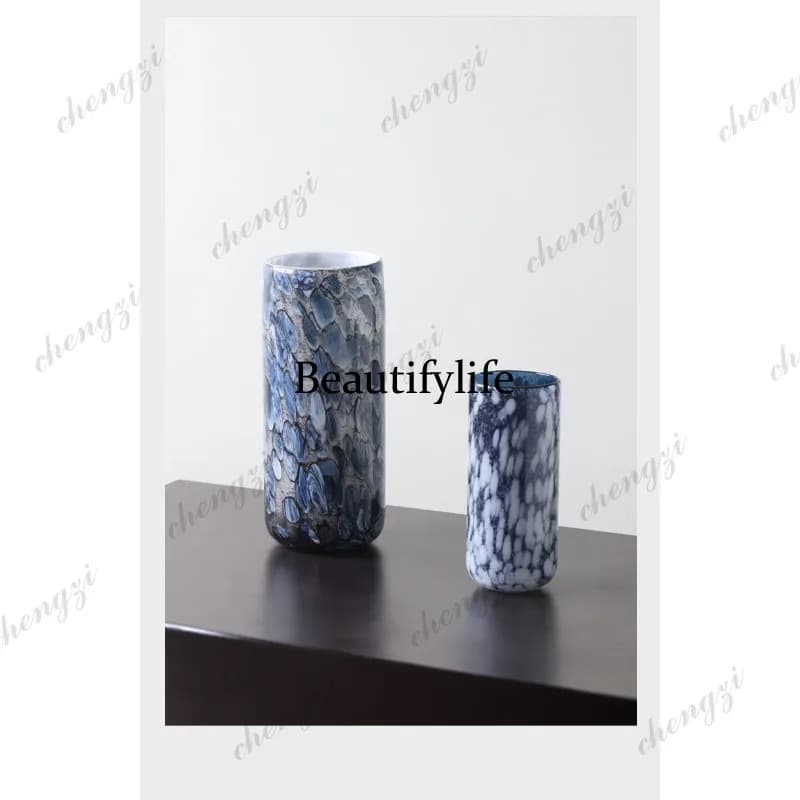 Blue Marble Pebble Straight Columnar Hydroponic Glass Vase Home Flowers Soft Decoration