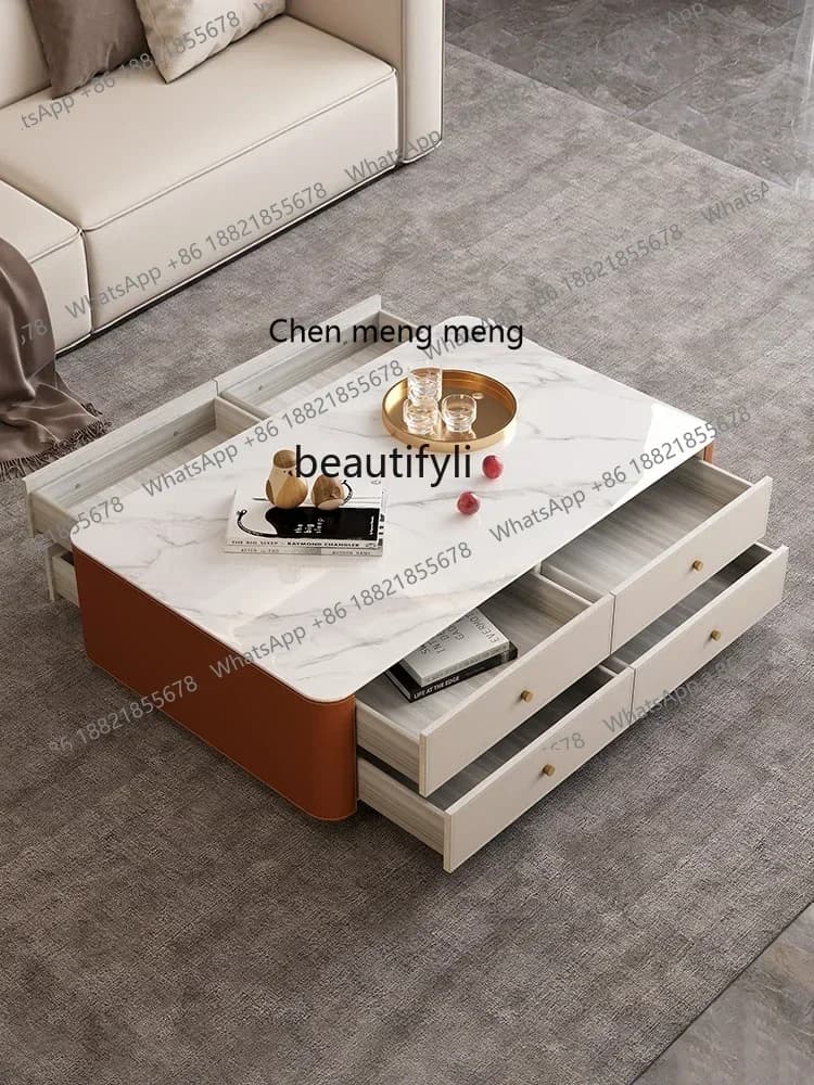 2003Light Luxury Saddle Leather Coffee Table Living Room Designer Stone Plate Solid Wood Rectangular Eight-Drawer High Tea Table
