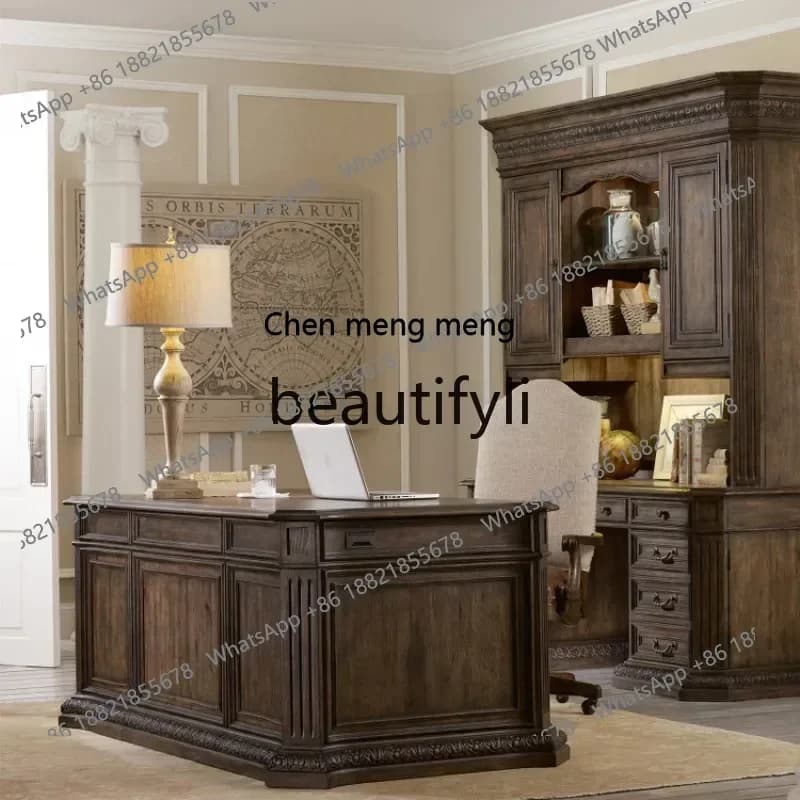 cn8350 ss American Retro Carved Desk Full Solid Wood Vintage Nordic Oak Office Writing Desk Computer Desk