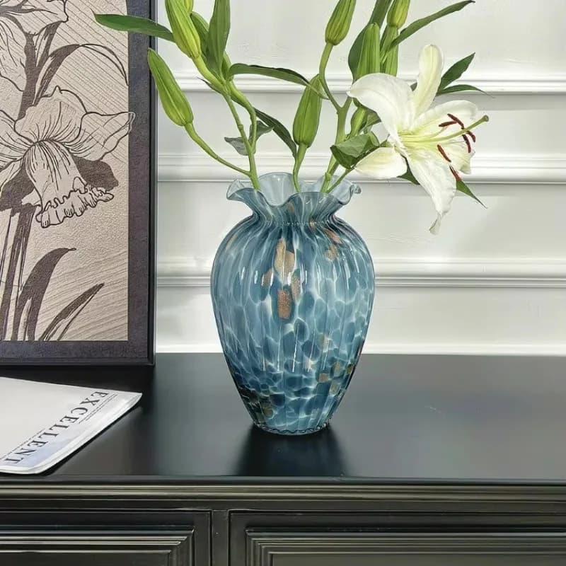 Medieval Peacock Blue Glass Vase Light Luxury High Sense Retro Glazed Living Room Flower Arrangement Home Decoration