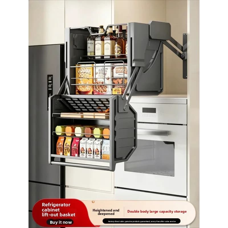Refrigerator cabinet, double-body lift basket storage high and deep double-layer cabinet, drop-down type