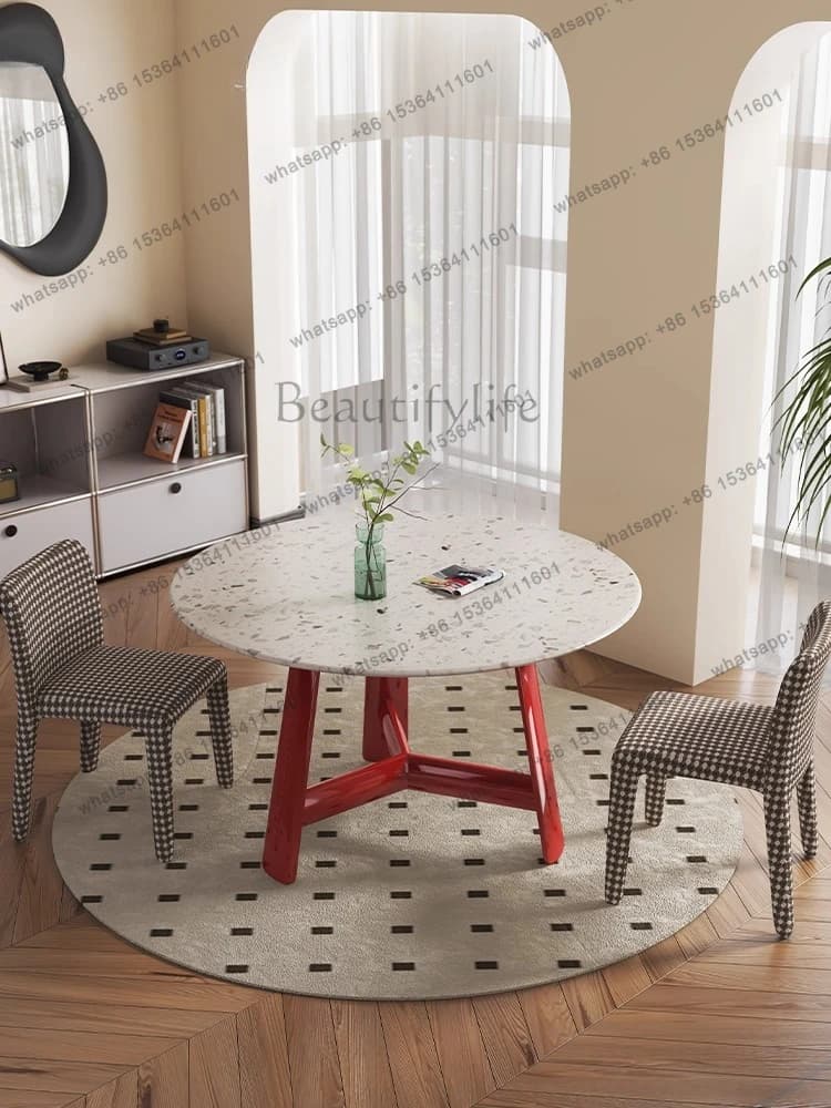 Round dining table and chair combination red medieval terrazzo high-end marble round dining table