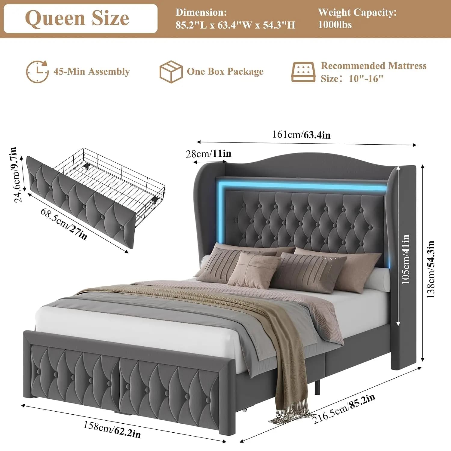 Queen Bed Frame 55" Tall Headboard with LED Lights, Buttons Tufted Velvet Upholstered Platform Bed Frame with 2 Storage Drawers