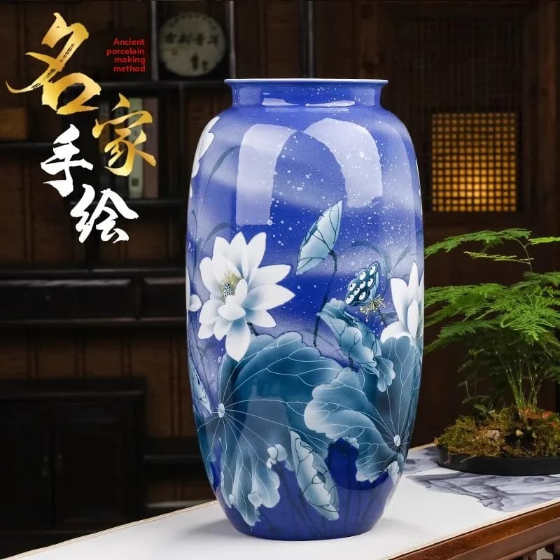LMM hand-painted blue and white porcelain vase large ornament lotus pond fragrance ceramics
