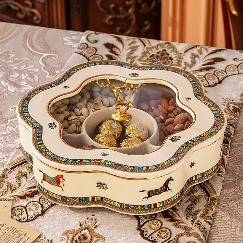 a2 fruit plate suit living room luxurious high-end ceramic dried fruit box divided with cover wedding nut candy plate
