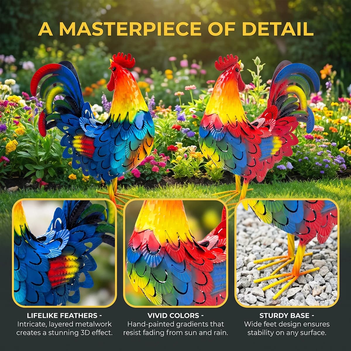 1PC GEEYANG Rustic Metal Rooster Statues Indoor Outdoor Decor Perfect for Mother's Day Wedding Gifts Garden Yard Patio Lawn