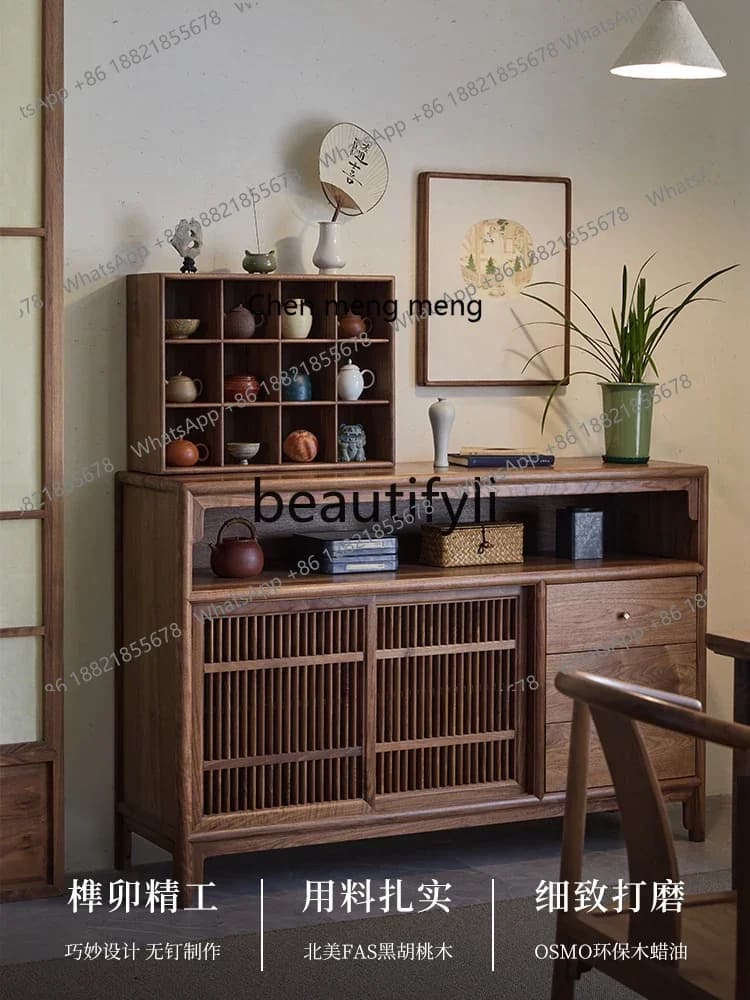 CC Chinese Style Black Walnut Sideboard Entryway Storage Cabinet Solid Wood Tea Cabinet