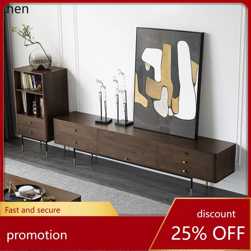 HT medieval retro solid wood TV cabinet small apartment walnut color modern simple cabinet