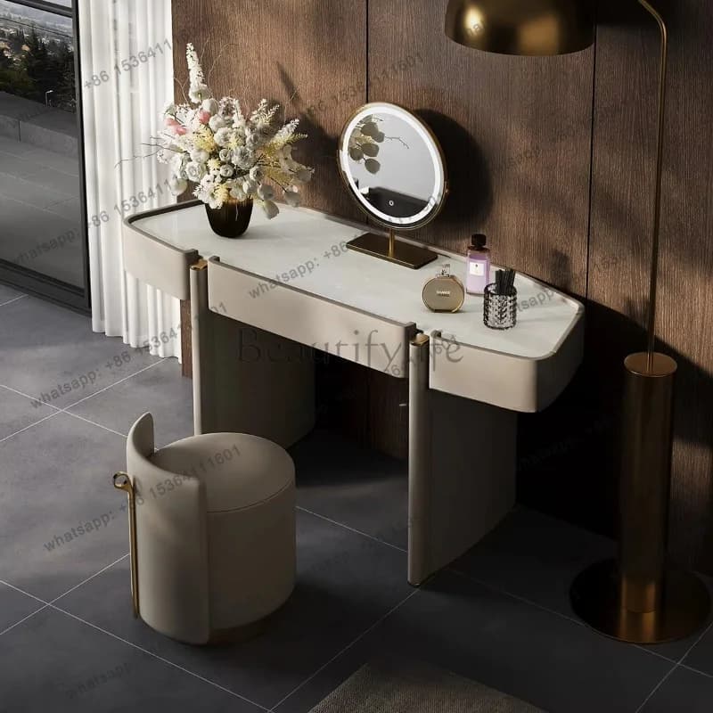 YJ Luxury Italian Marble Modern Vanity Table Solid Wood Dressing Table for Bedroom High-End Custom