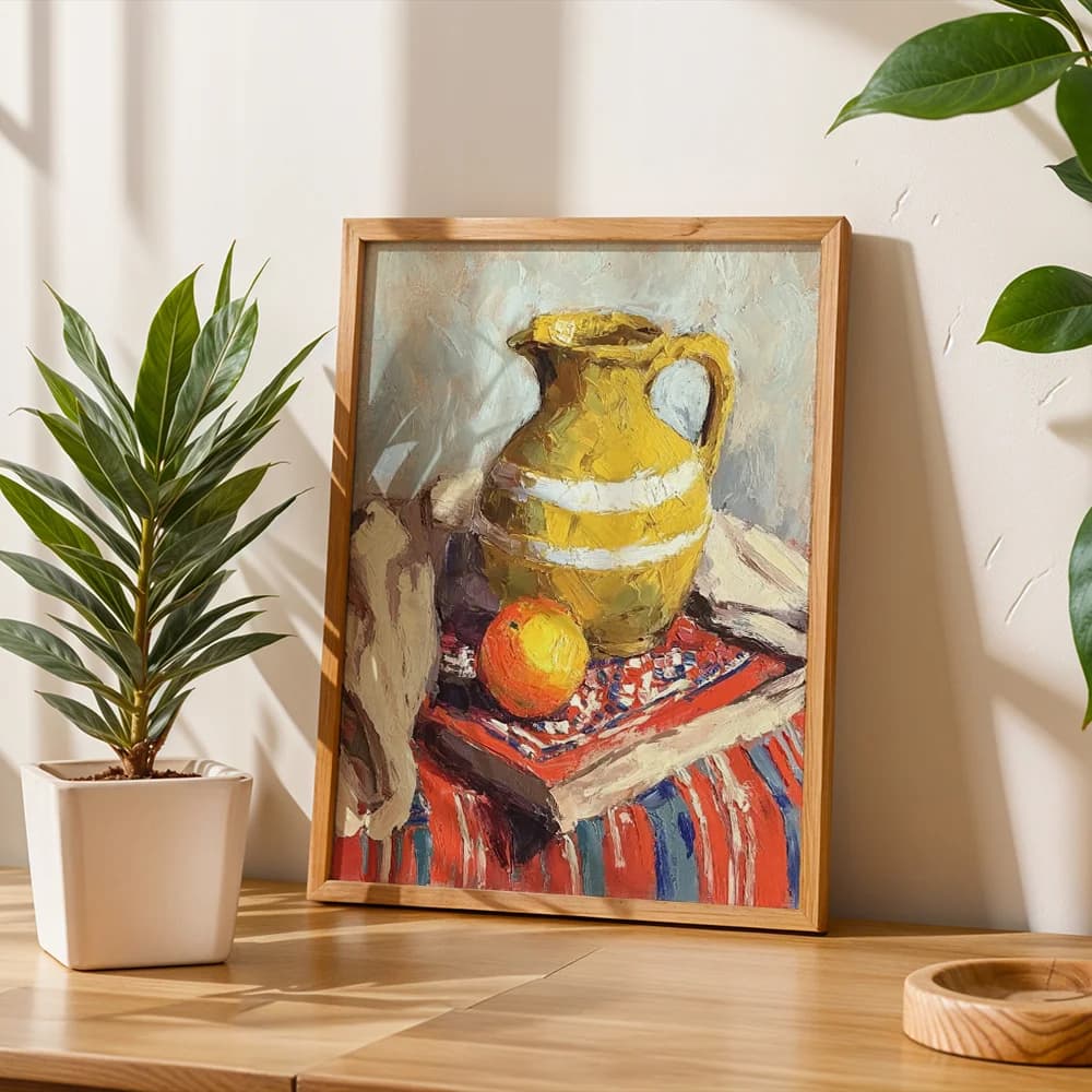 Oil Painting Style Pottery Jug Fruit Still Life Canvas Wall Decor Picture, 2D Printed Poster Wall Art, Retro Home Decor Gift For