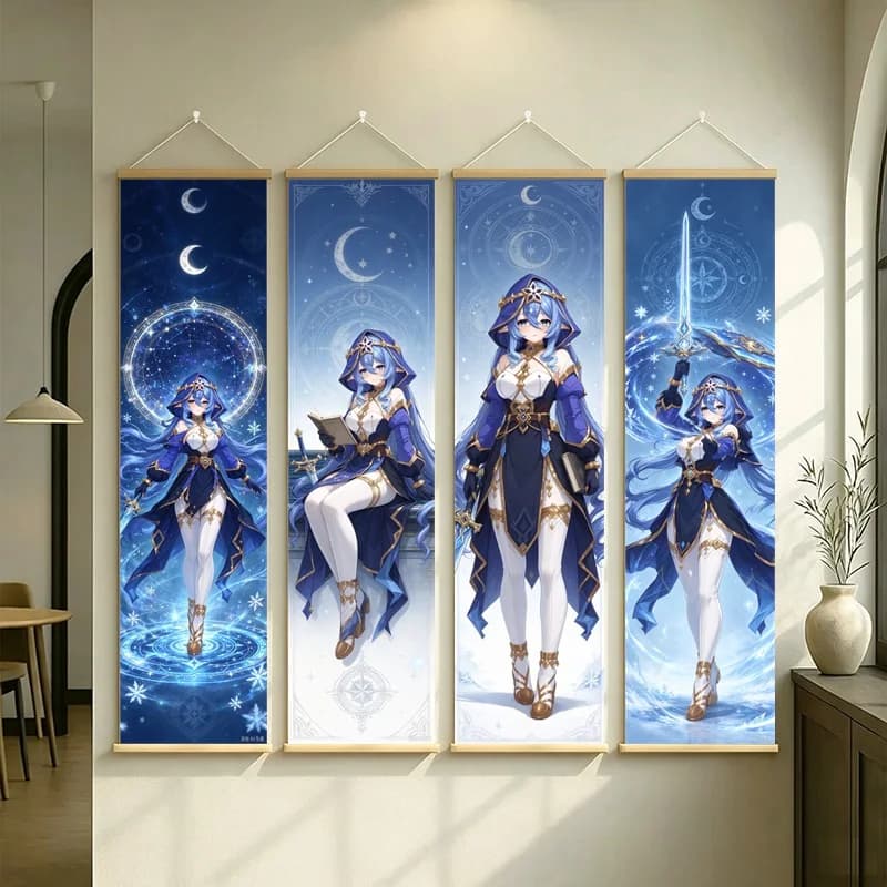 Hanging Scroll Wall Art of Genshin Impact Layla with Blue Moon Motifs on Silver Shimmer Canvas for an Anime Bedroom