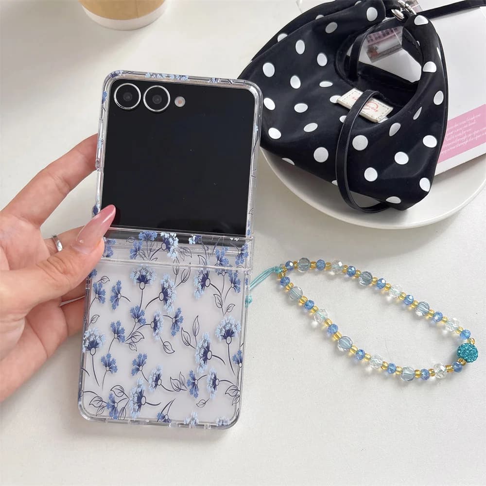 Elegant Gentle Wild Flower Printed Clear Phone Case for Samsung Galaxy Z Flip 7-3 Blue Crystal Bead Strap Protective Cover