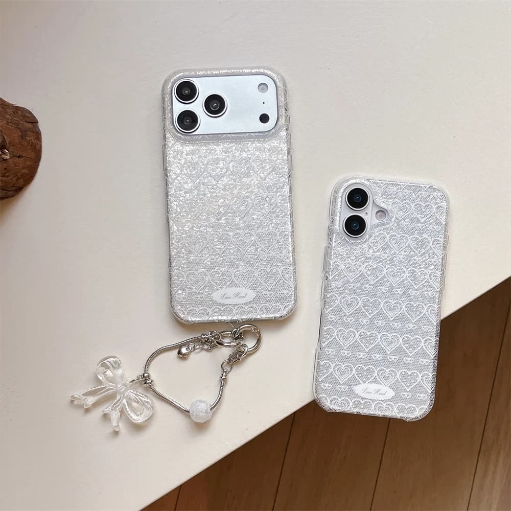 Korea Kawaii Cartoon Full  Lace Love Glitter Phone Case For iPhone 18 Pro Max 18 Pro 17 16 15 Cute Anti Drop Protection Cover
