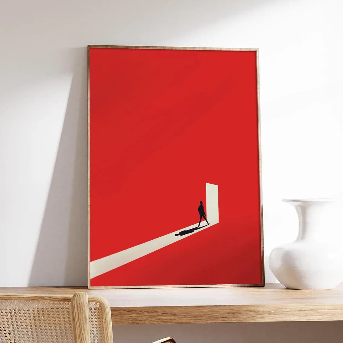 Minimalist red geometric poster, modern art print, deep red graphic design, home décor, suitable for bedroom and living room.