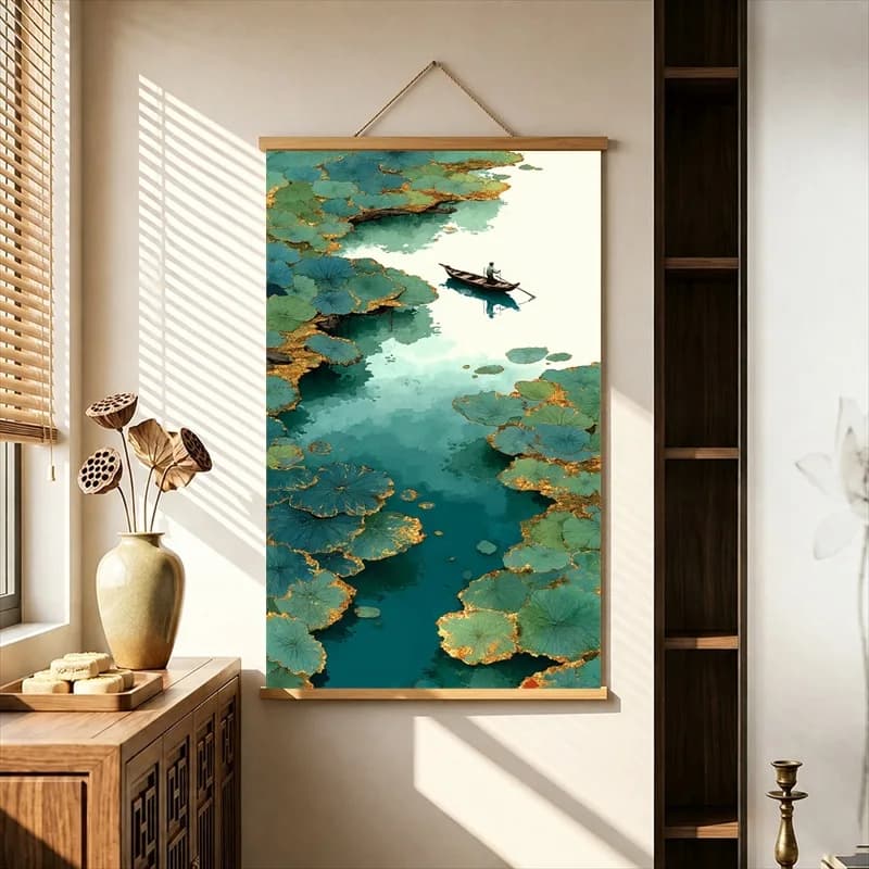 Wall Art Pink Lotus Flowers on Calm Water, Zen Minimalism Pearlescent Canvas Hanging Scroll with Wooden Rods for Yoga Studio