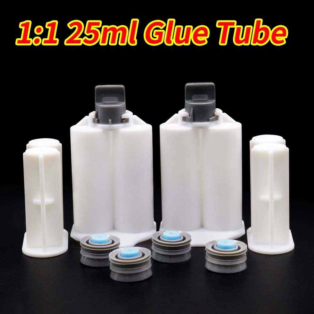 2pcs Empty Double-barrel Syringe 25ml AB Rubber Hose 1:1 Mixing Ratio 2 Sealing Pistons and 2 Manual Push Rods 1 Set