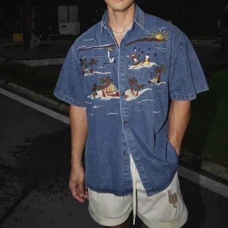 Summer New Embroidered Denim Short-sleeved Shirt Shirt Loose American Retro Street Style T-shirt