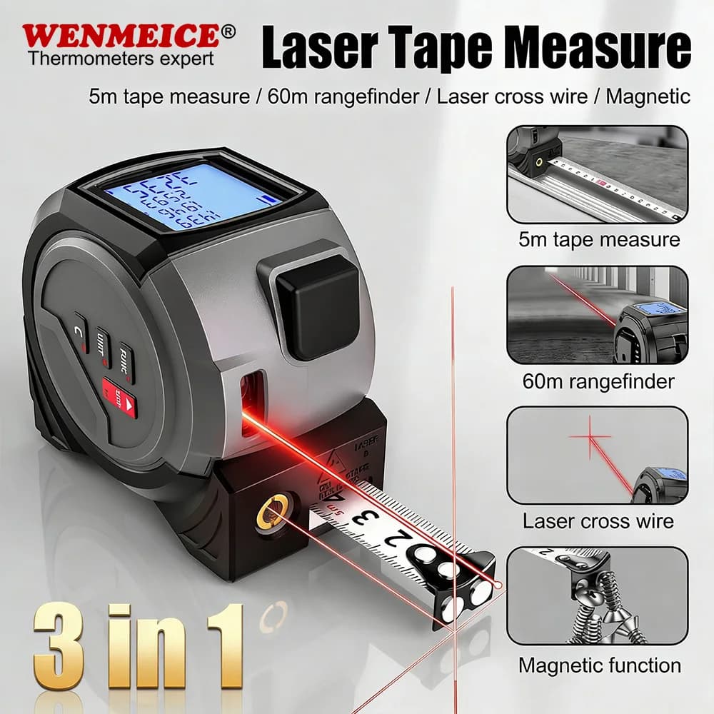 3-In-1 Laser Tape Measure Waterproof Digital Tape Measure 60M/40M Handheld Laser Meter Measuring Tool Cross Line Laser Level