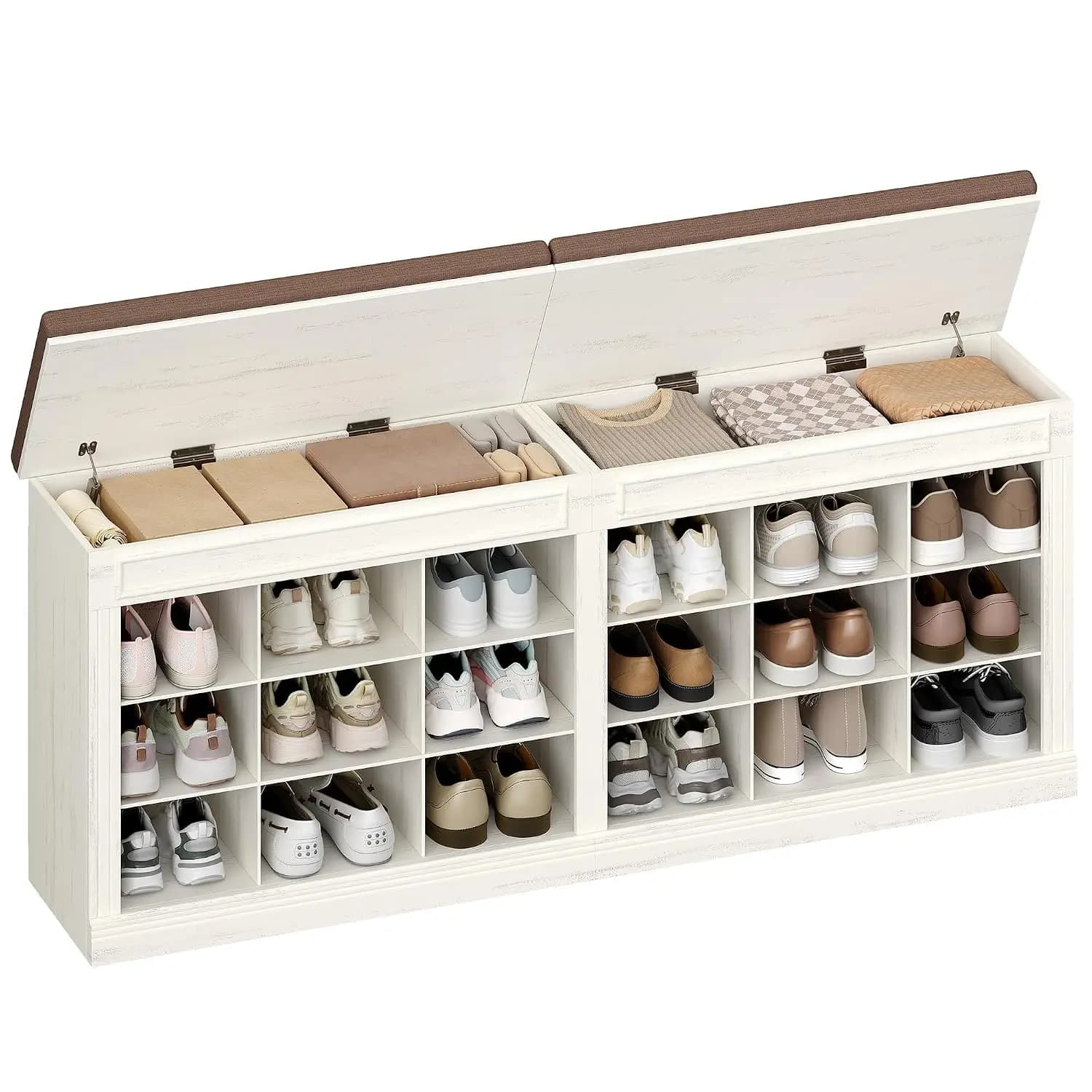 Shoe Storage Bench with Cushion,18-Cubby Shoe Rack Bench