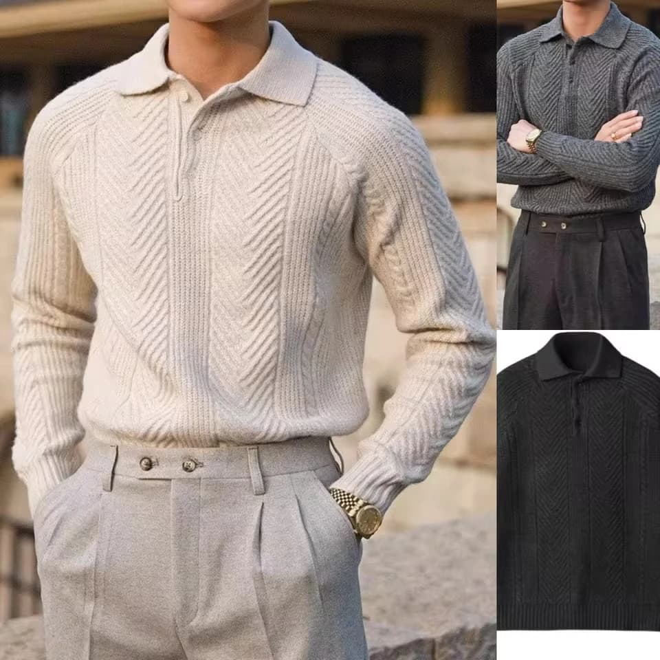 Sweater Mens Winter Solid Color Semi-turtleneck POLO Shirt Knitted Sweater Slim-fit Elastic Bottom Mens Clothing