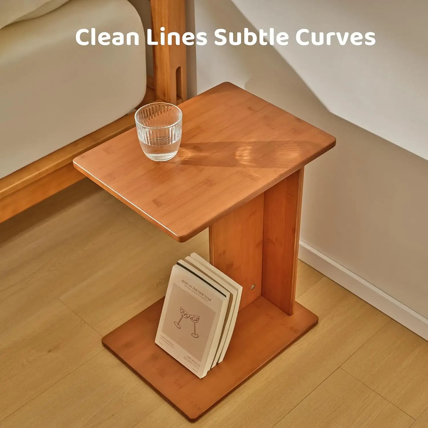 Solid Bamboo C-Shaped End Table Set of 2 for Couch and Sofa, Sustainable Mid-Century Modern Wood Side Table for Living Room