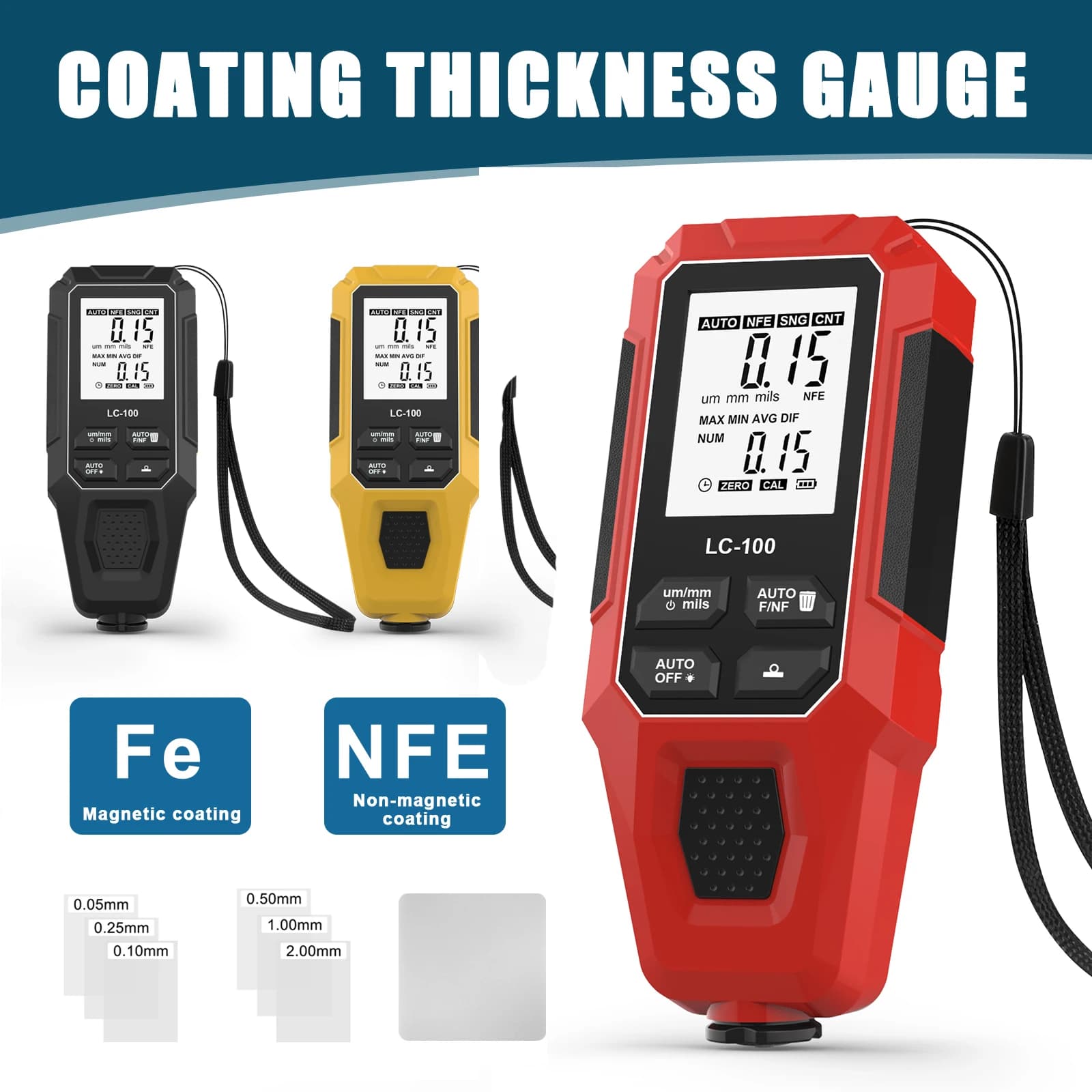 Car Coating Thickness Gauge Digital Thickness Meter Automotive Paint Film Measurement Fe/NFe Automatic Detection Color Screen