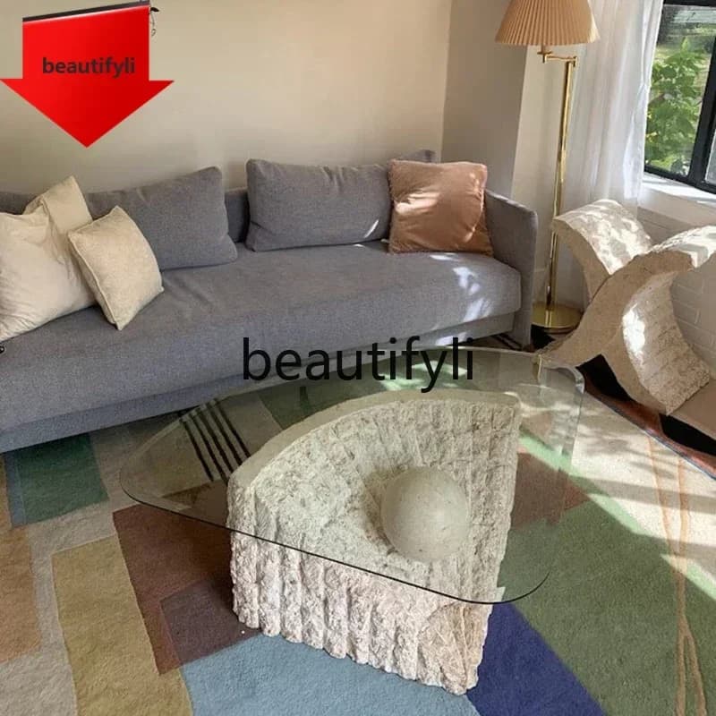Q181  Nordic wabi-sandy wind natural travertine coffee table living room designer small apartment broken creative tea table