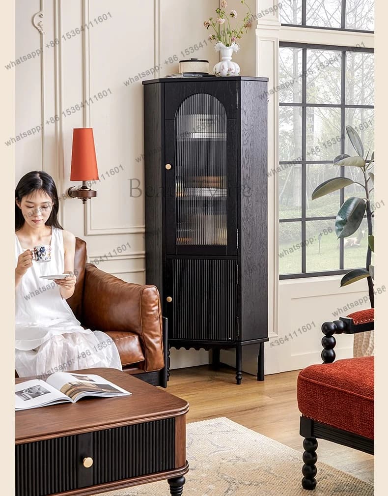 French retro pure solid wood living room corner cabinet simple pure black storage corner cabinet